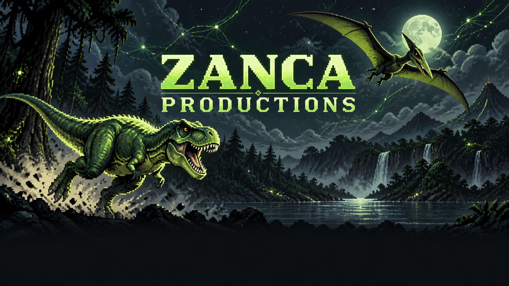 ZANCA PRODUCTIONS: dinossauro e pterossauro em uma floresta noturna